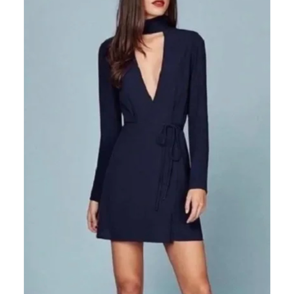 Brand New Reformation Navy Wrap Tie Campbell Dress L $218 NWT Party - Picture 1 of 10